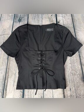 White Fox Boutique Lace Up Front Black Top Stretchy Edgy Goth Festival Sz Medium